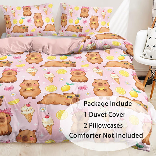 Pink Capybara Twin Duvet Cover Set, 3 Piece 1 Duvet Cover + 2 Pillowcases, Lemon Ice Cream Animal Print, Sweet Room Theme