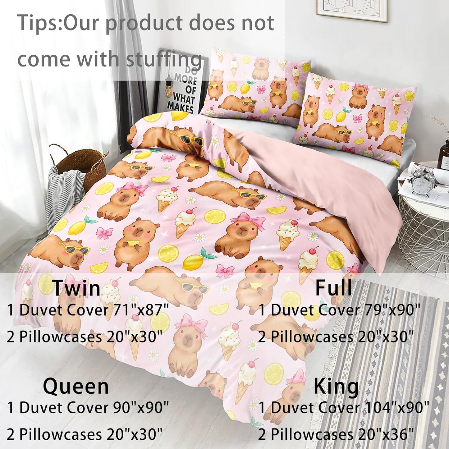 Pink Capybara Twin Duvet Cover Set, 3 Piece 1 Duvet Cover + 2 Pillowcases, Lemon Ice Cream Animal Print, Sweet Room Theme