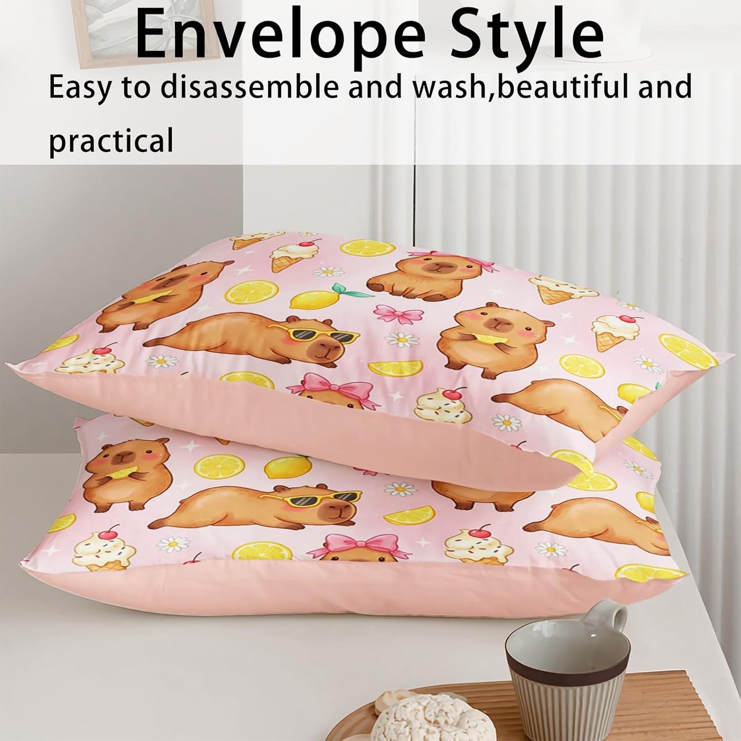 Pink Capybara Twin Duvet Cover Set, 3 Piece 1 Duvet Cover + 2 Pillowcases, Lemon Ice Cream Animal Print, Sweet Room Theme