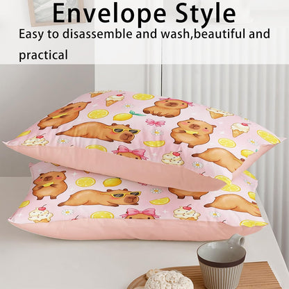 Pink Capybara Twin Duvet Cover Set, 3 Piece 1 Duvet Cover + 2 Pillowcases, Lemon Ice Cream Animal Print, Sweet Room Theme