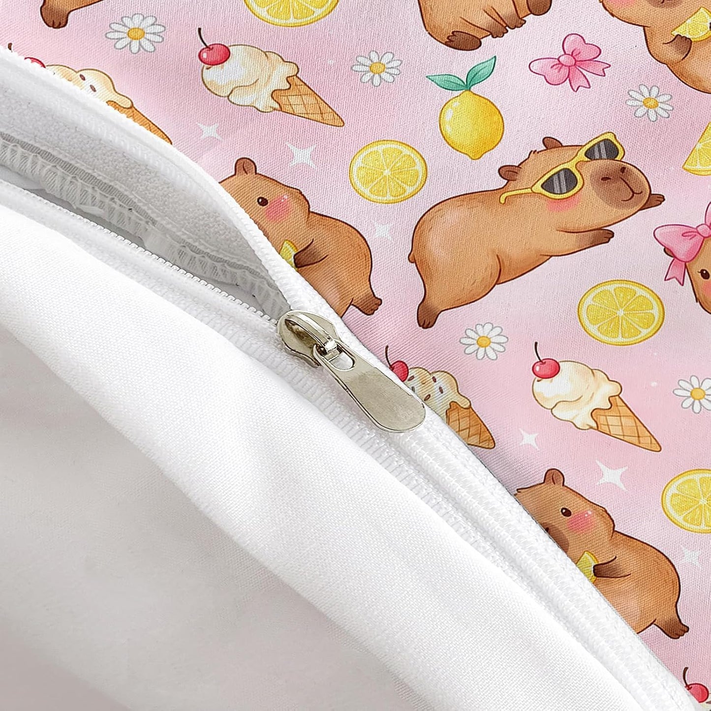 Pink Capybara Twin Duvet Cover Set, 3 Piece 1 Duvet Cover + 2 Pillowcases, Lemon Ice Cream Animal Print, Sweet Room Theme