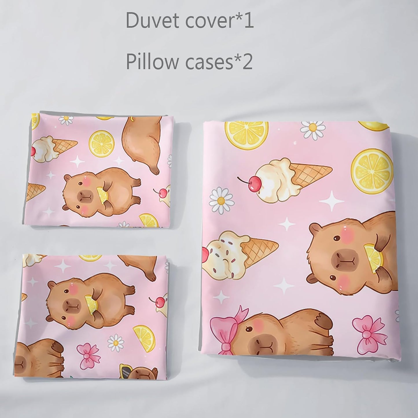 Pink Capybara Twin Duvet Cover Set, 3 Piece 1 Duvet Cover + 2 Pillowcases, Lemon Ice Cream Animal Print, Sweet Room Theme
