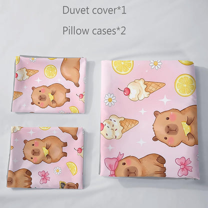 Pink Capybara Twin Duvet Cover Set, 3 Piece 1 Duvet Cover + 2 Pillowcases, Lemon Ice Cream Animal Print, Sweet Room Theme