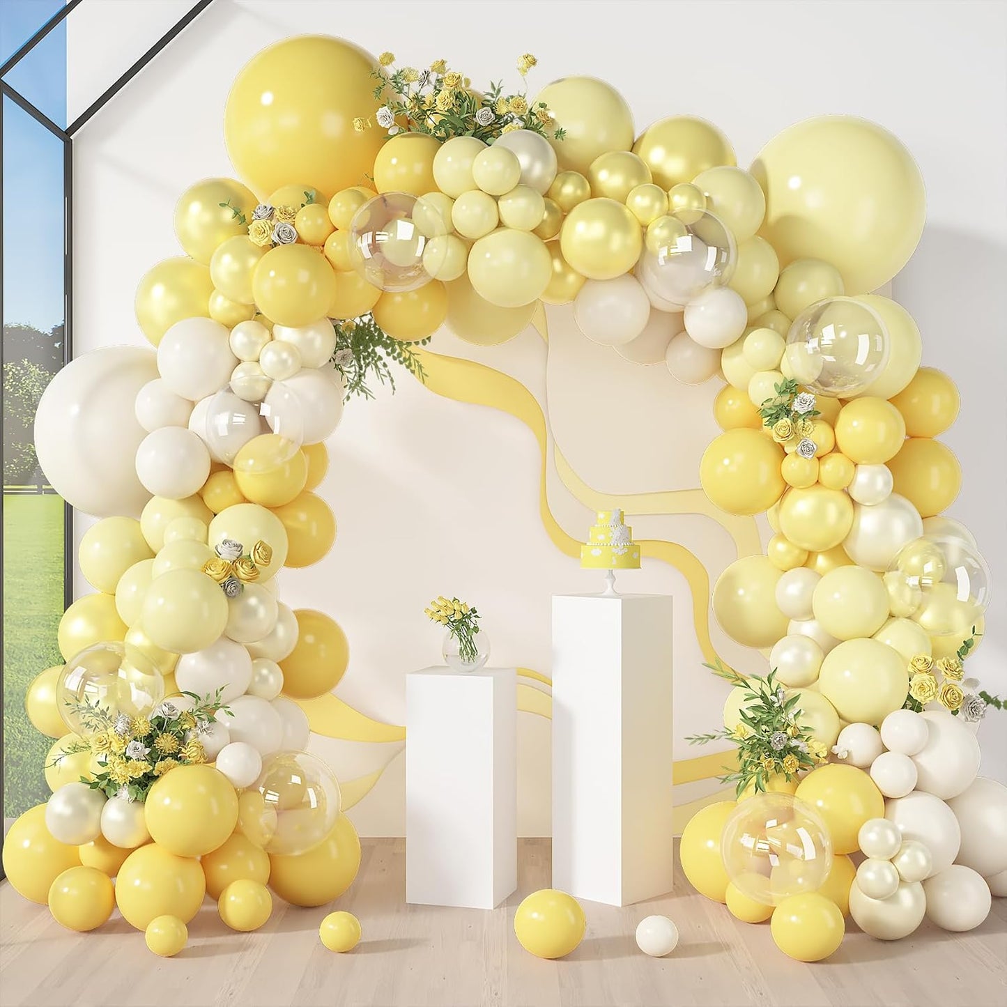 173 Pcs Pearl Yellow Balloon Arch Kit | Double Stuffed Pastel Light Yellow Pearl White Sand Clear Balloons for Bee Lemon Bridal Shower Birthday Party Decorations
