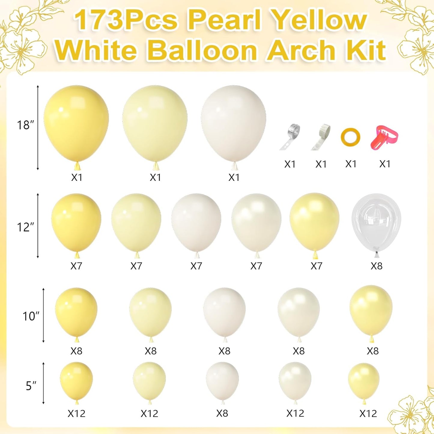 173 Pcs Pearl Yellow Balloon Arch Kit | Double Stuffed Pastel Light Yellow Pearl White Sand Clear Balloons for Bee Lemon Bridal Shower Birthday Party Decorations