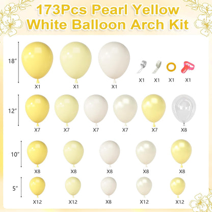 173 Pcs Pearl Yellow Balloon Arch Kit | Double Stuffed Pastel Light Yellow Pearl White Sand Clear Balloons for Bee Lemon Bridal Shower Birthday Party Decorations