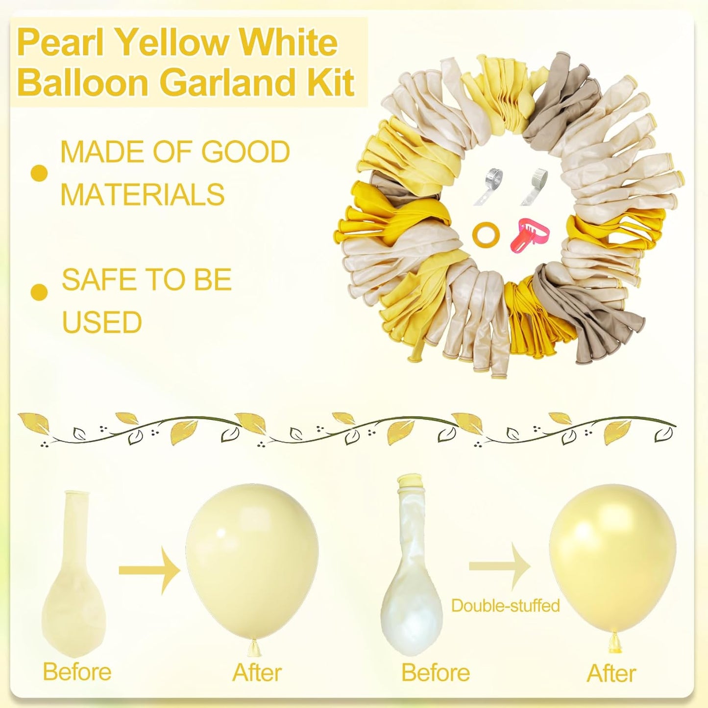 173 Pcs Pearl Yellow Balloon Arch Kit | Double Stuffed Pastel Light Yellow Pearl White Sand Clear Balloons for Bee Lemon Bridal Shower Birthday Party Decorations