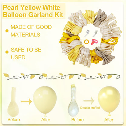 173 Pcs Pearl Yellow Balloon Arch Kit | Double Stuffed Pastel Light Yellow Pearl White Sand Clear Balloons for Bee Lemon Bridal Shower Birthday Party Decorations
