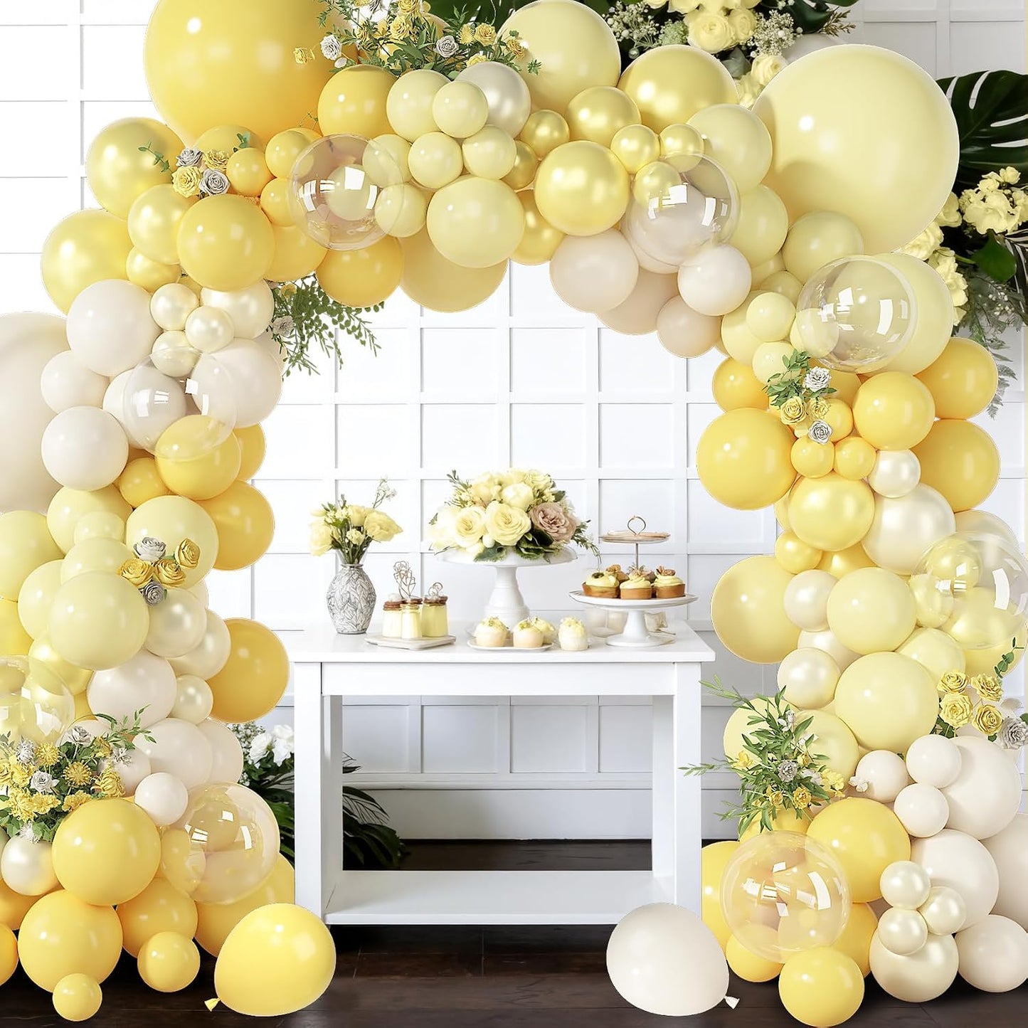 173 Pcs Pearl Yellow Balloon Arch Kit | Double Stuffed Pastel Light Yellow Pearl White Sand Clear Balloons for Bee Lemon Bridal Shower Birthday Party Decorations
