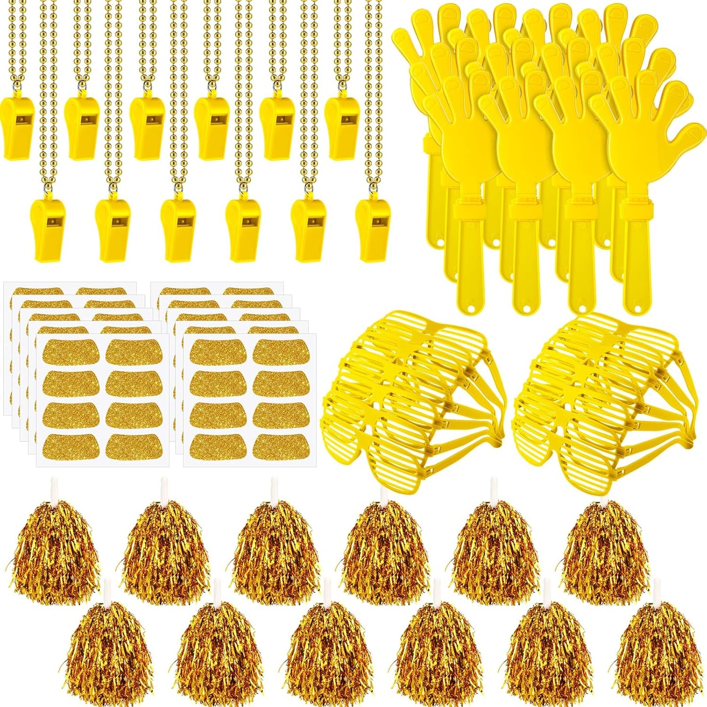 148Pcs Team Spirit Accessories Kit Bulk Spirit Day Items Cheer Pom Poms Clappers Whistles Glasses Eye Black Stickers for Homecoming Week Game Day Camp College Sports Event