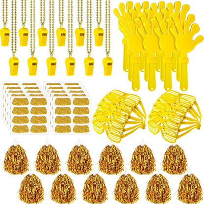 148Pcs Team Spirit Accessories Kit Bulk Spirit Day Items Cheer Pom Poms Clappers Whistles Glasses Eye Black Stickers for Homecoming Week Game Day Camp College Sports Event
