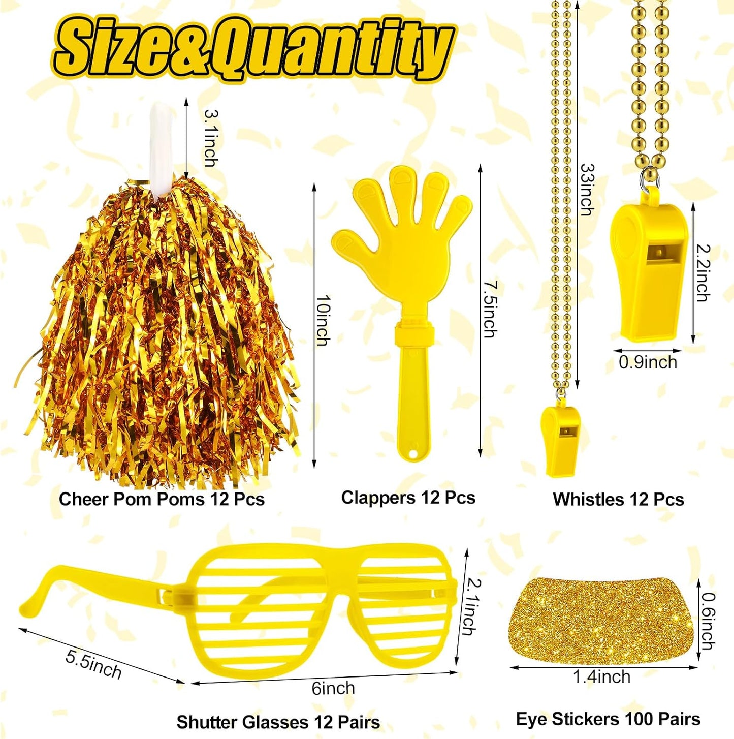 148Pcs Team Spirit Accessories Kit Bulk Spirit Day Items Cheer Pom Poms Clappers Whistles Glasses Eye Black Stickers for Homecoming Week Game Day Camp College Sports Event