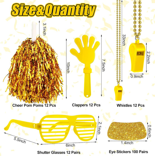 148Pcs Team Spirit Accessories Kit Bulk Spirit Day Items Cheer Pom Poms Clappers Whistles Glasses Eye Black Stickers for Homecoming Week Game Day Camp College Sports Event