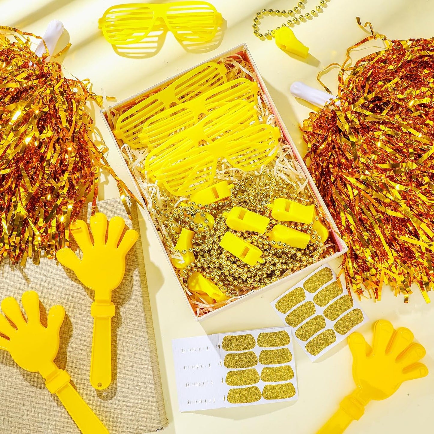 148Pcs Team Spirit Accessories Kit Bulk Spirit Day Items Cheer Pom Poms Clappers Whistles Glasses Eye Black Stickers for Homecoming Week Game Day Camp College Sports Event