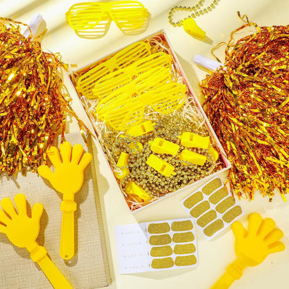 148Pcs Team Spirit Accessories Kit Bulk Spirit Day Items Cheer Pom Poms Clappers Whistles Glasses Eye Black Stickers for Homecoming Week Game Day Camp College Sports Event