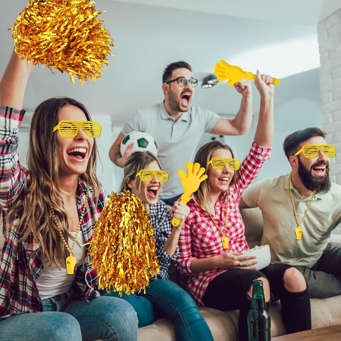 148Pcs Team Spirit Accessories Kit Bulk Spirit Day Items Cheer Pom Poms Clappers Whistles Glasses Eye Black Stickers for Homecoming Week Game Day Camp College Sports Event