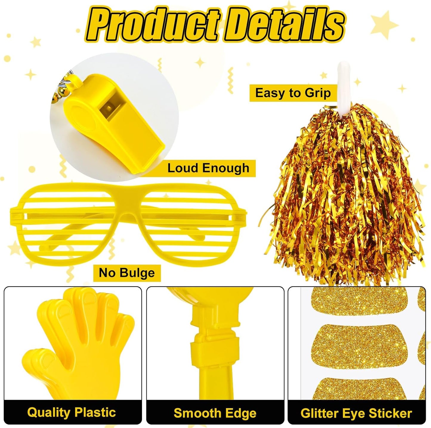 148Pcs Team Spirit Accessories Kit Bulk Spirit Day Items Cheer Pom Poms Clappers Whistles Glasses Eye Black Stickers for Homecoming Week Game Day Camp College Sports Event