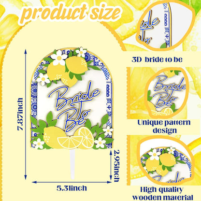 Lemon Bride to Be Cake Topper Wooden Amalfi Coast Bridal Shower Decorations Bridal Shower Cake Pick Mediterranean Blue Yellow Wedding Decor for Lemon Theme Party Engagement Bachelorette