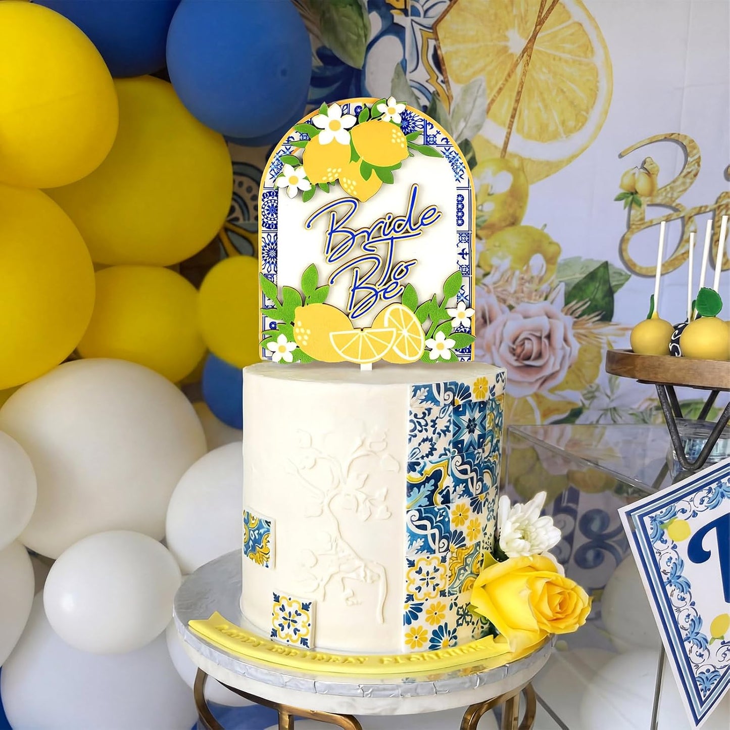 Lemon Bride to Be Cake Topper Wooden Amalfi Coast Bridal Shower Decorations Bridal Shower Cake Pick Mediterranean Blue Yellow Wedding Decor for Lemon Theme Party Engagement Bachelorette