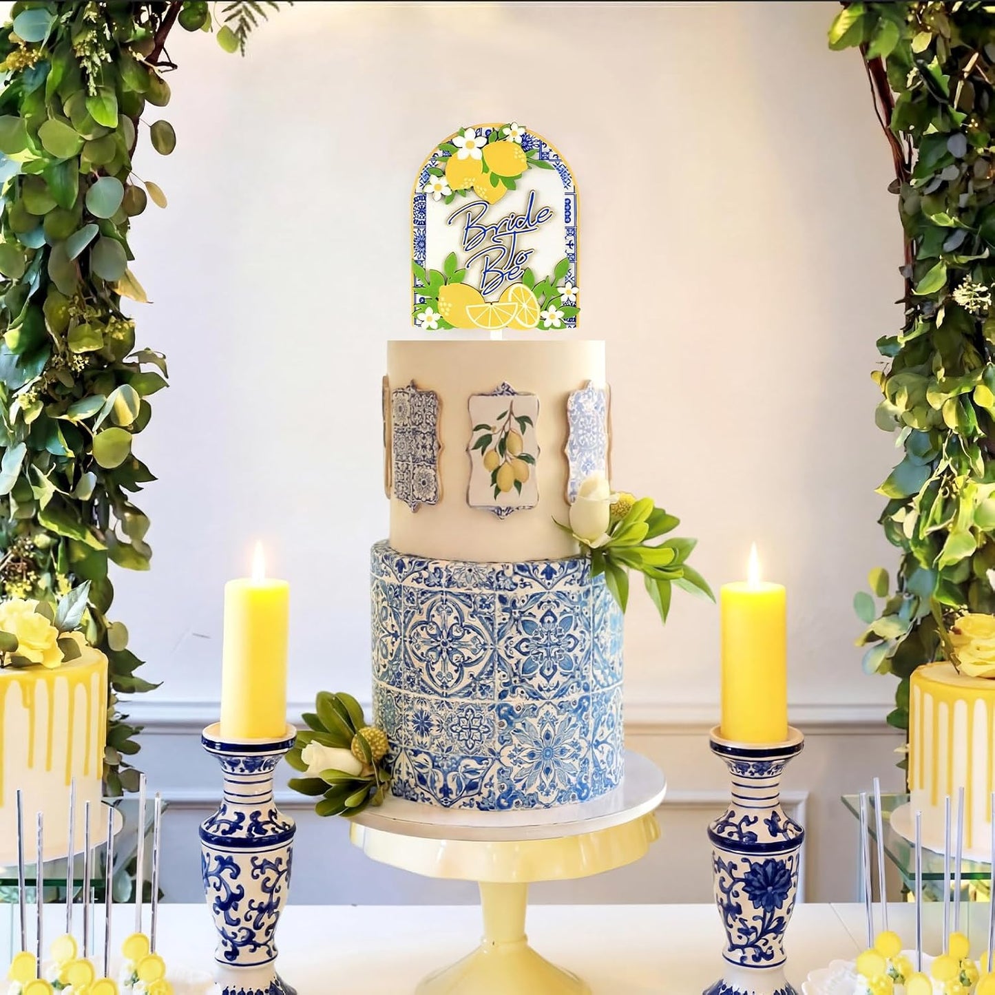Lemon Bride to Be Cake Topper Wooden Amalfi Coast Bridal Shower Decorations Bridal Shower Cake Pick Mediterranean Blue Yellow Wedding Decor for Lemon Theme Party Engagement Bachelorette