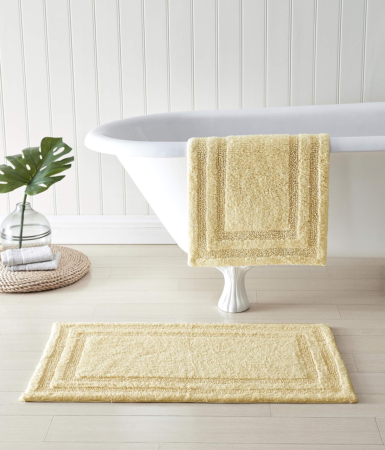 2-Piece Bath Rug Set, 100% Cotton Highly Absorbent Bath Mat, Coastal Design, Dorm Room Essentials, Yellow