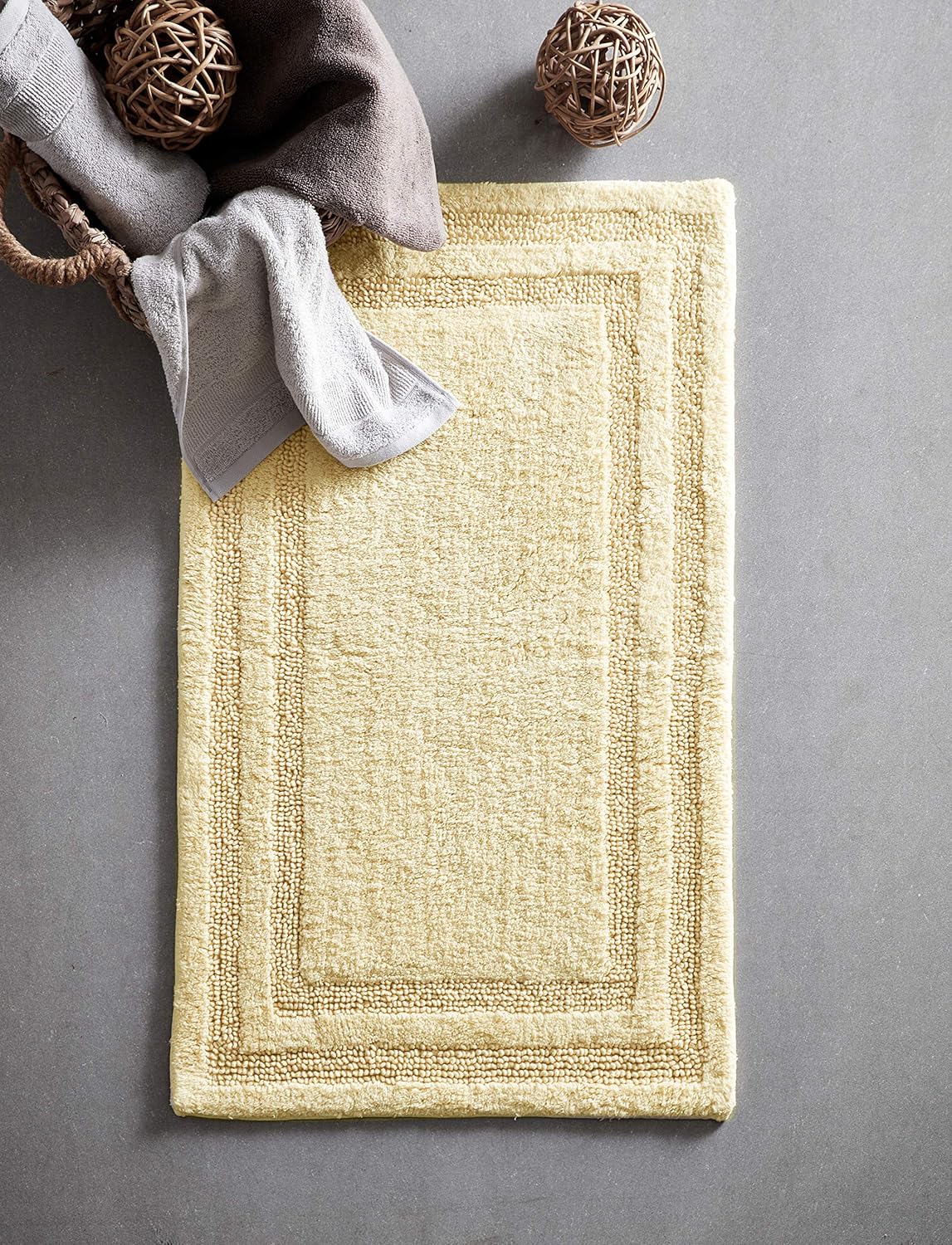 2-Piece Bath Rug Set, 100% Cotton Highly Absorbent Bath Mat, Coastal Design, Dorm Room Essentials, Yellow