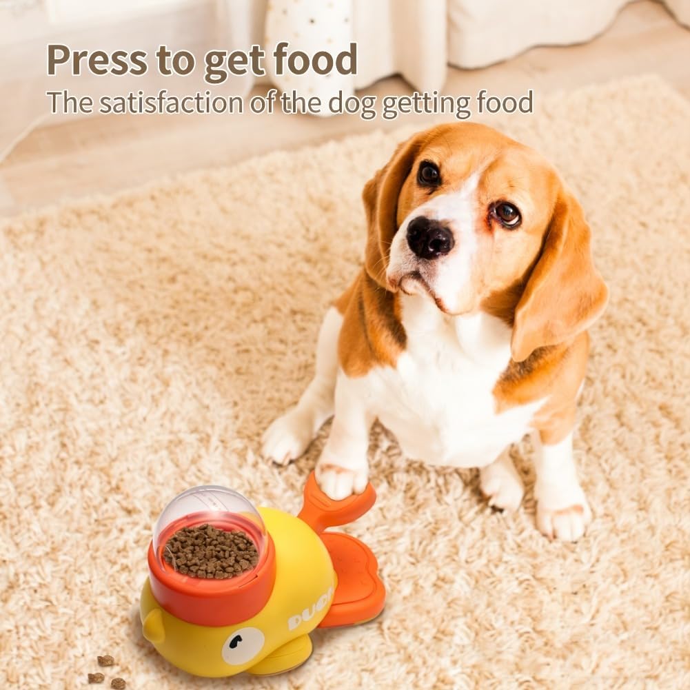 Interactive Treat Dispensing Dog Toy, Duck-Shaped Dog Food Dispenser, Pressing Slow Eating Treat Dispenser Toys for Dogs Cats (Yellow)