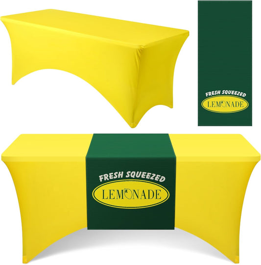 Lemonade Stand Tablecloth with Table Runner, 6ft Stretch Spandex Lemonade Stand Table Cover Summer Party Tablecover for Lemon Theme Birthday Party Supplies(Yellow)