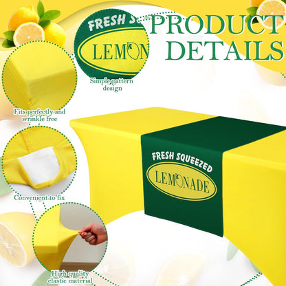 Lemonade Stand Tablecloth with Table Runner, 6ft Stretch Spandex Lemonade Stand Table Cover Summer Party Tablecover for Lemon Theme Birthday Party Supplies(Yellow)