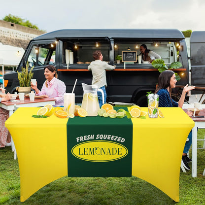 Lemonade Stand Tablecloth with Table Runner, 6ft Stretch Spandex Lemonade Stand Table Cover Summer Party Tablecover for Lemon Theme Birthday Party Supplies(Yellow)