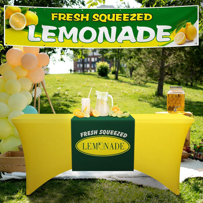 Lemonade Stand Tablecloth with Table Runner, 6ft Stretch Spandex Lemonade Stand Table Cover Summer Party Tablecover for Lemon Theme Birthday Party Supplies(Yellow)