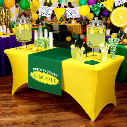 Lemonade Stand Tablecloth with Table Runner, 6ft Stretch Spandex Lemonade Stand Table Cover Summer Party Tablecover for Lemon Theme Birthday Party Supplies(Yellow)