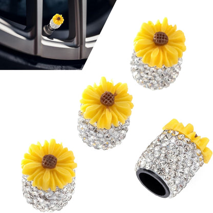 4 PC Bling Valve Stem Caps, Cute Daisy Flower Car Wheel Tire Valve, Attractive Bling Dustproof Auto Air Cap Covers, Universal for Cars Trucks Bicycle and Motorcycles (Yellow)