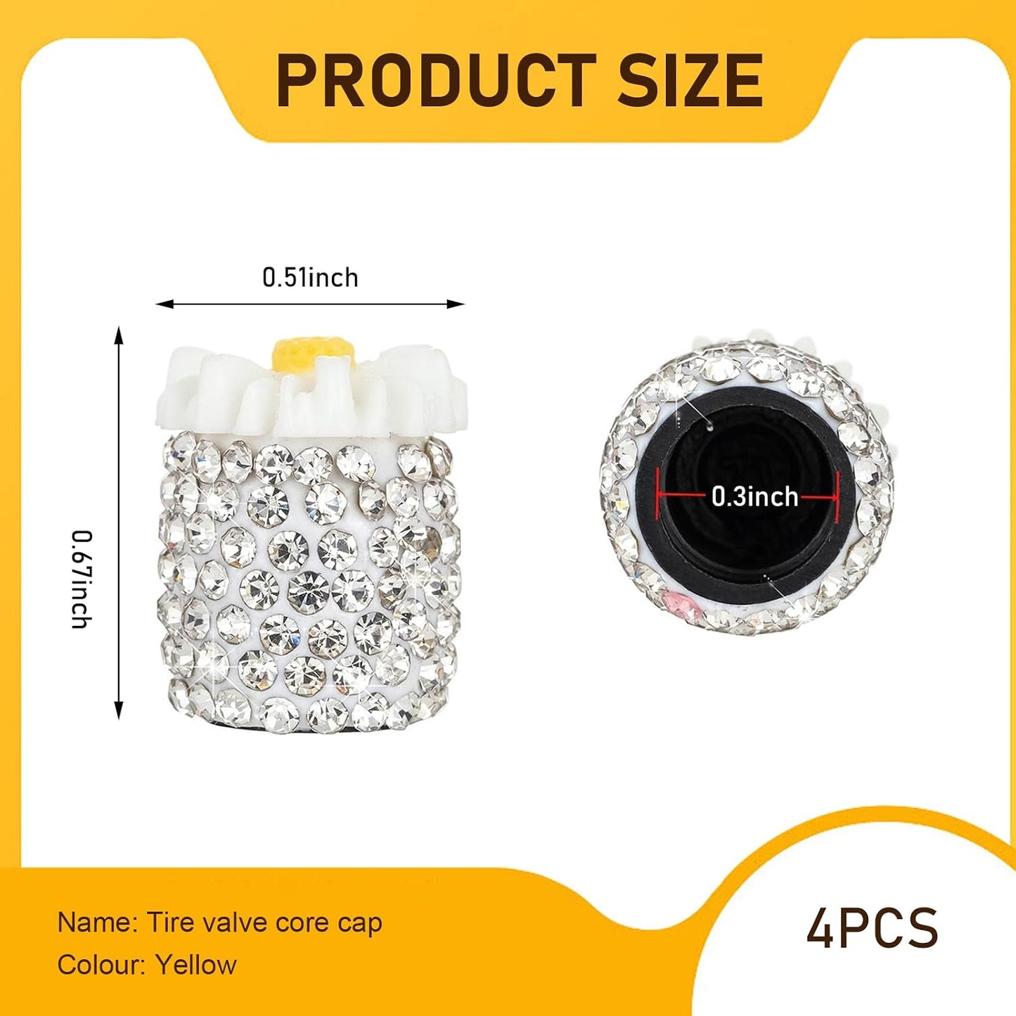 4 PC Bling Valve Stem Caps, Cute Daisy Flower Car Wheel Tire Valve, Attractive Bling Dustproof Auto Air Cap Covers, Universal for Cars Trucks Bicycle and Motorcycles (Yellow)