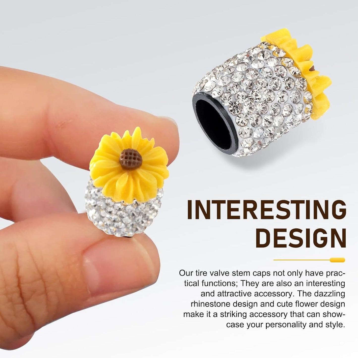 4 PC Bling Valve Stem Caps, Cute Daisy Flower Car Wheel Tire Valve, Attractive Bling Dustproof Auto Air Cap Covers, Universal for Cars Trucks Bicycle and Motorcycles (Yellow)