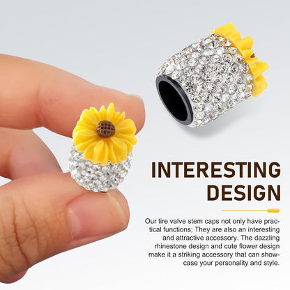 4 PC Bling Valve Stem Caps, Cute Daisy Flower Car Wheel Tire Valve, Attractive Bling Dustproof Auto Air Cap Covers, Universal for Cars Trucks Bicycle and Motorcycles (Yellow)