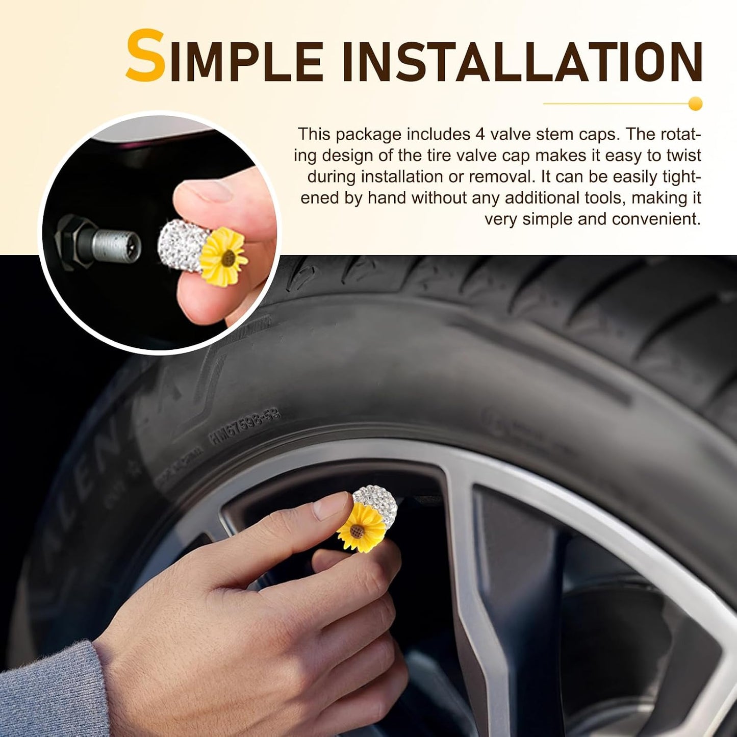 4 PC Bling Valve Stem Caps, Cute Daisy Flower Car Wheel Tire Valve, Attractive Bling Dustproof Auto Air Cap Covers, Universal for Cars Trucks Bicycle and Motorcycles (Yellow)