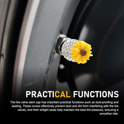 4 PC Bling Valve Stem Caps, Cute Daisy Flower Car Wheel Tire Valve, Attractive Bling Dustproof Auto Air Cap Covers, Universal for Cars Trucks Bicycle and Motorcycles (Yellow)