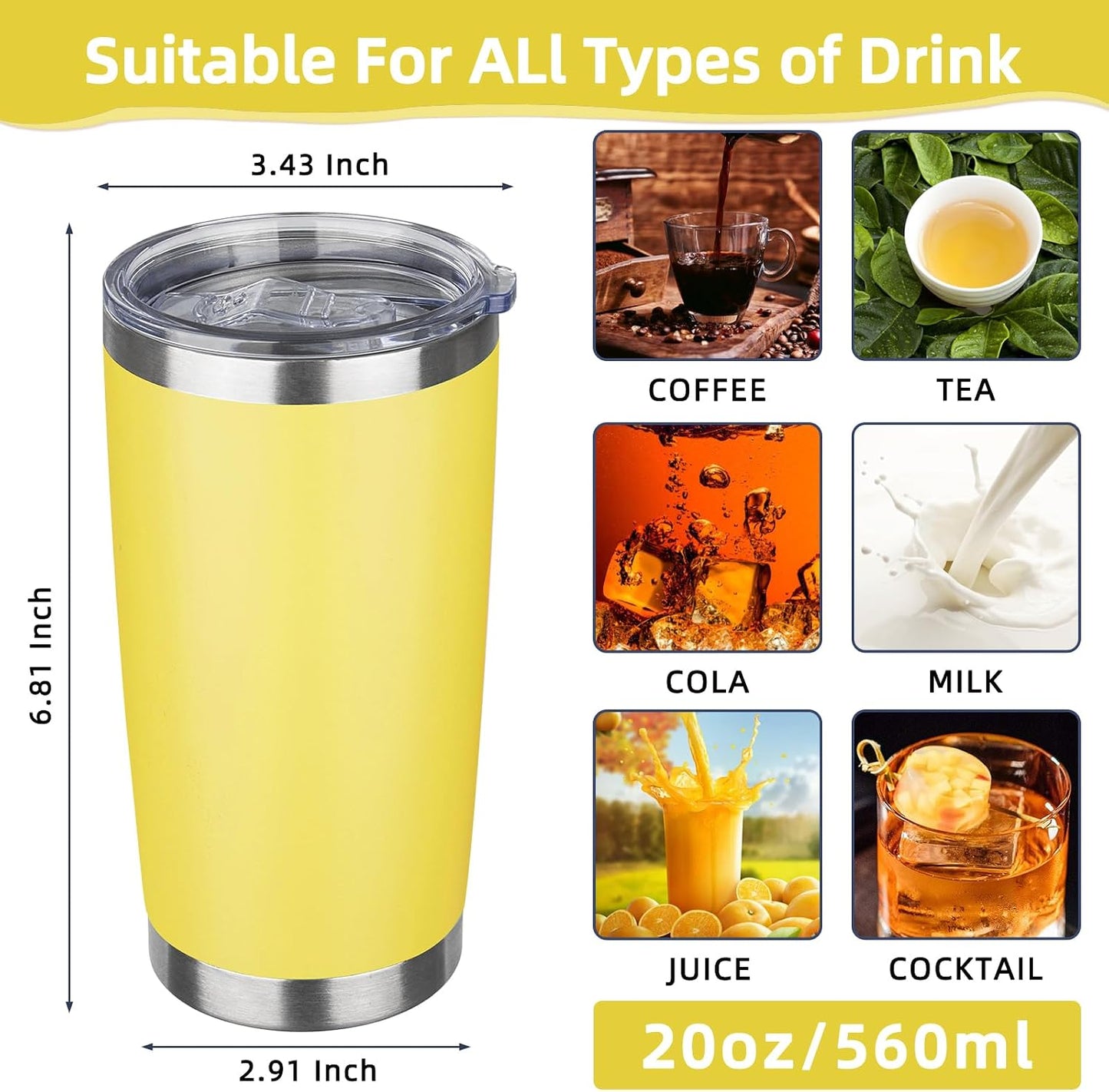 20oz Tumbler Insulated Tumbler with Sliding Lid,(Yellow, 1pack | 304 Stainless Steel,Travel Coffee Tumbler,Double Wall Vacuum,Gifts for Christmas Women Men School Home Office