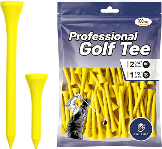 Professional Wood Golf Tees, 100 Pcs Mixed Size（ 80×2-3/4"+20×1-1/2）, Durable & Stable Golf Tee Combo, All-Weather Practice Accessories, Multiple Solid Colors Available