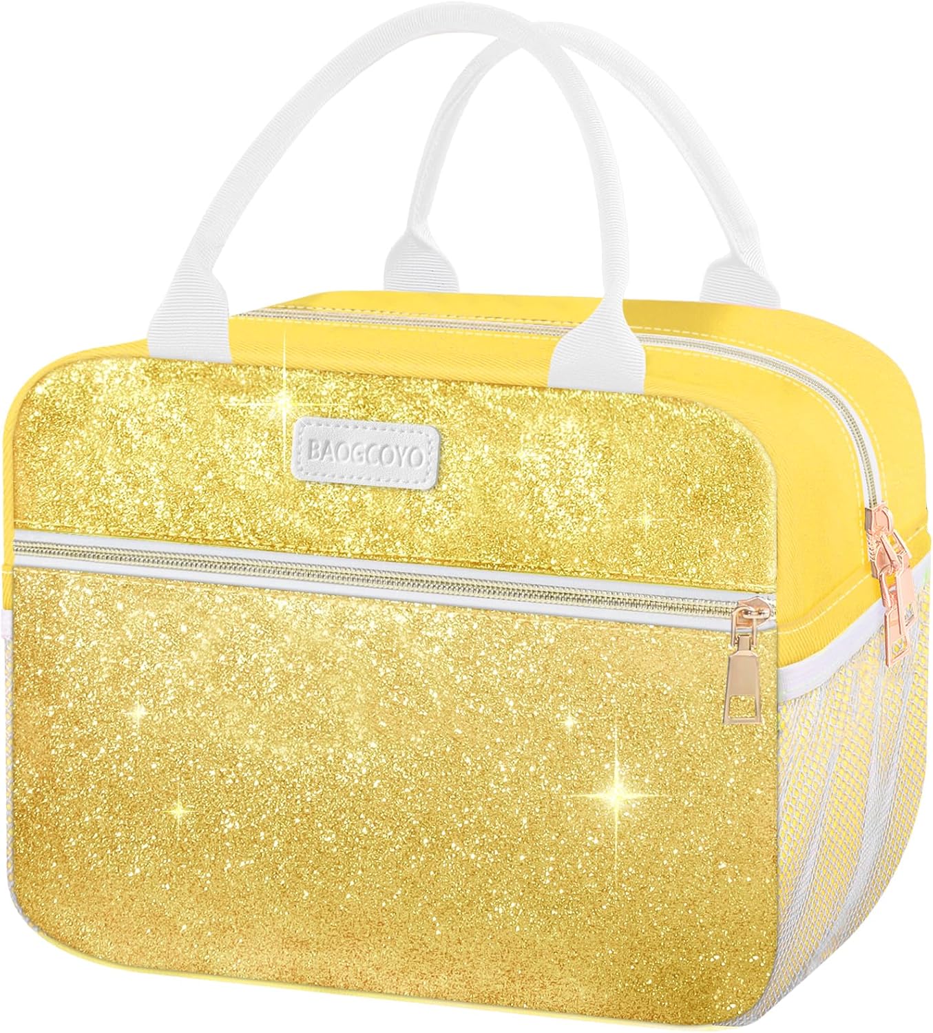 Lunch Bag For Women, Leakproof Glitter Lunch Box, Cute Lunch Tote Bag Adult, Large Capacity Insulated Reusable Cooler Lunch Containers for Work Travel Picnic or Office (Gold Yellow Sparkle)