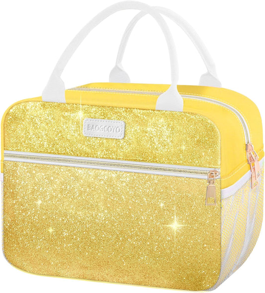 Lunch Bag For Women, Leakproof Glitter Lunch Box, Cute Lunch Tote Bag Adult, Large Capacity Insulated Reusable Cooler Lunch Containers for Work Travel Picnic or Office (Gold Yellow Sparkle)