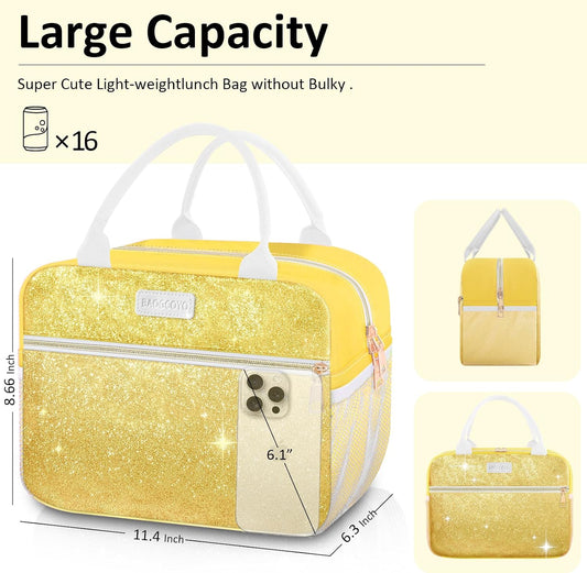 Lunch Bag For Women, Leakproof Glitter Lunch Box, Cute Lunch Tote Bag Adult, Large Capacity Insulated Reusable Cooler Lunch Containers for Work Travel Picnic or Office (Gold Yellow Sparkle)