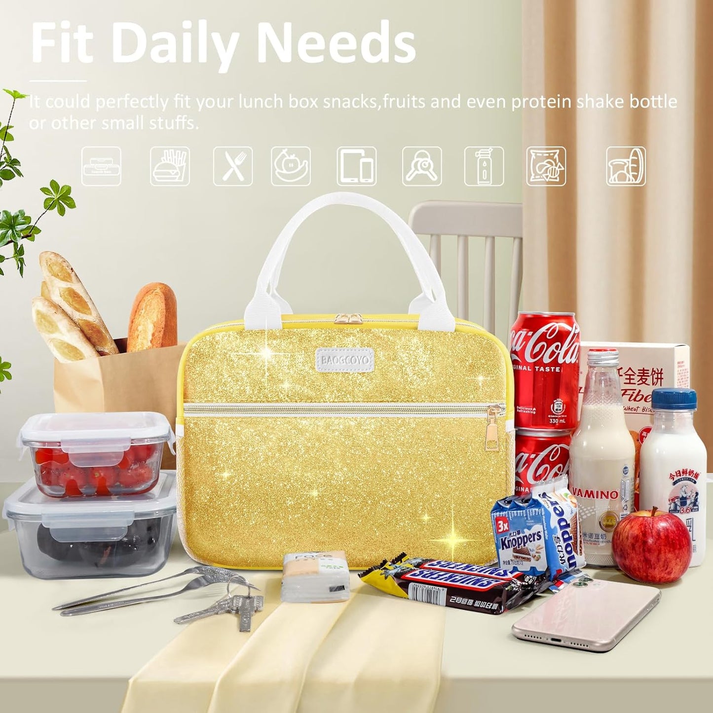 Lunch Bag For Women, Leakproof Glitter Lunch Box, Cute Lunch Tote Bag Adult, Large Capacity Insulated Reusable Cooler Lunch Containers for Work Travel Picnic or Office (Gold Yellow Sparkle)