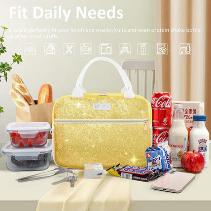 Lunch Bag For Women, Leakproof Glitter Lunch Box, Cute Lunch Tote Bag Adult, Large Capacity Insulated Reusable Cooler Lunch Containers for Work Travel Picnic or Office (Gold Yellow Sparkle)