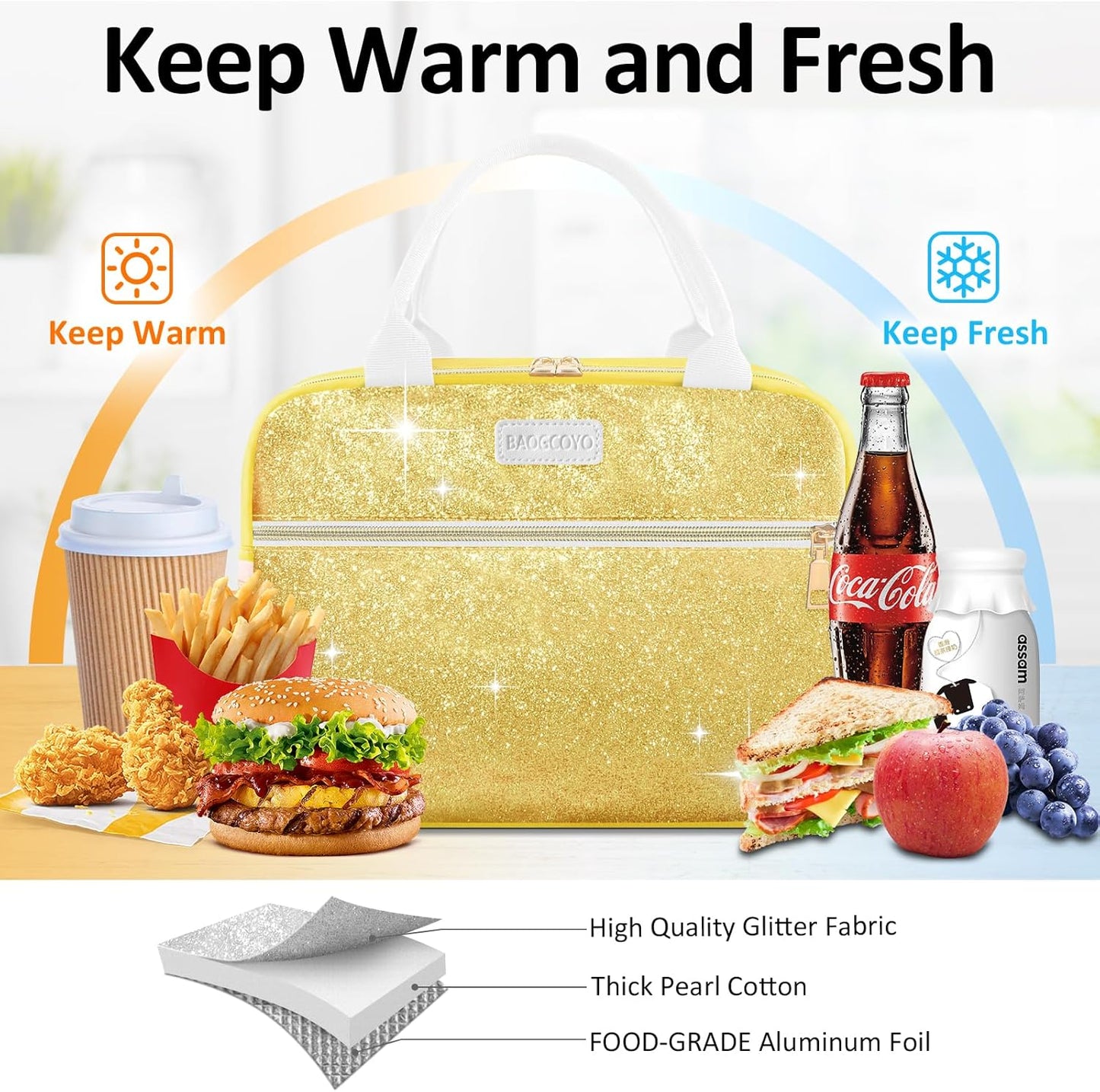 Lunch Bag For Women, Leakproof Glitter Lunch Box, Cute Lunch Tote Bag Adult, Large Capacity Insulated Reusable Cooler Lunch Containers for Work Travel Picnic or Office (Gold Yellow Sparkle)