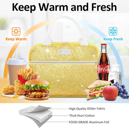Lunch Bag For Women, Leakproof Glitter Lunch Box, Cute Lunch Tote Bag Adult, Large Capacity Insulated Reusable Cooler Lunch Containers for Work Travel Picnic or Office (Gold Yellow Sparkle)