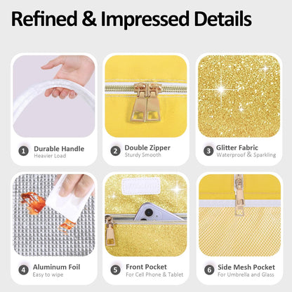 Lunch Bag For Women, Leakproof Glitter Lunch Box, Cute Lunch Tote Bag Adult, Large Capacity Insulated Reusable Cooler Lunch Containers for Work Travel Picnic or Office (Gold Yellow Sparkle)