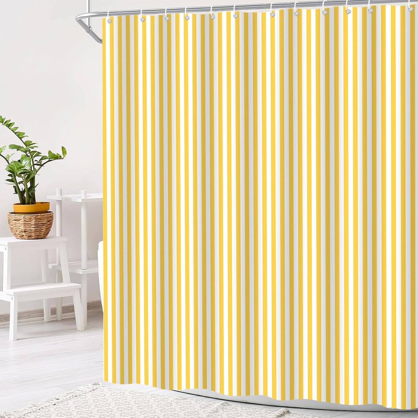 Yellow and White Stripe Shower Curtain Vertical Striped Farmhouse Vintage Cute Modern Geometric Minimalist Bath Curtain with Hooks, 70x84 Inch