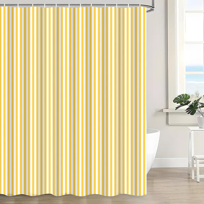Yellow and White Stripe Shower Curtain Vertical Striped Farmhouse Vintage Cute Modern Geometric Minimalist Bath Curtain with Hooks, 70x84 Inch